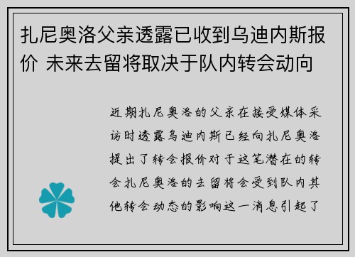 扎尼奥洛父亲透露已收到乌迪内斯报价 未来去留将取决于队内转会动向